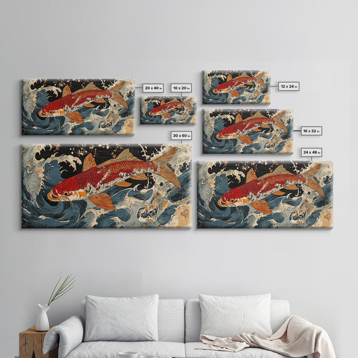 Red Koi Fish Swimming Through Stormy Waves Wall Art, Japanese Coastal Canvas Print, Nautical Living Room Decor Gift For Him