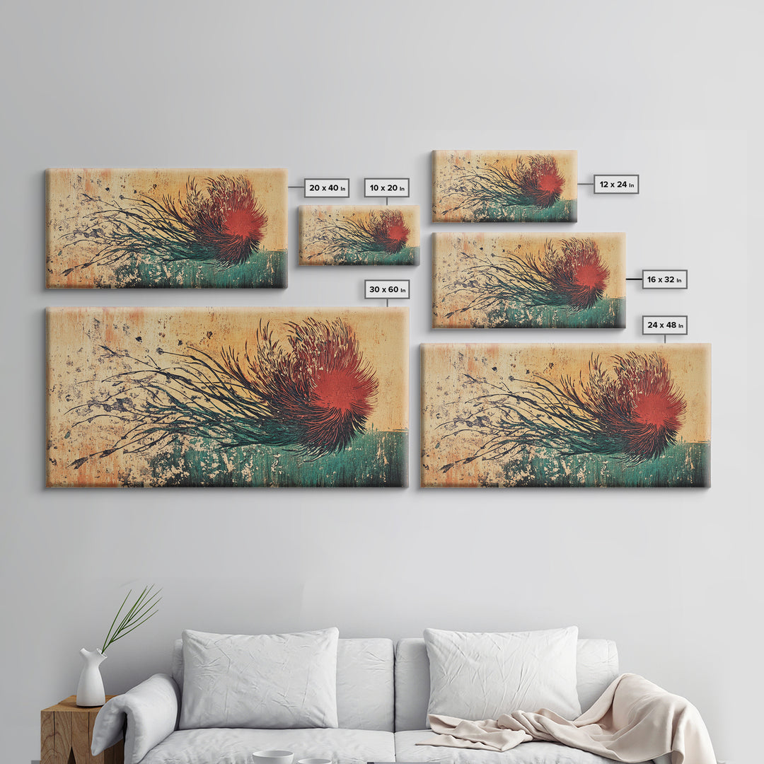 Red Windblown Botanical Flower Wall Art, Textured Japanese Canvas Print, Abstract Floral Living Room Decor, Home Decor Gift For Her
