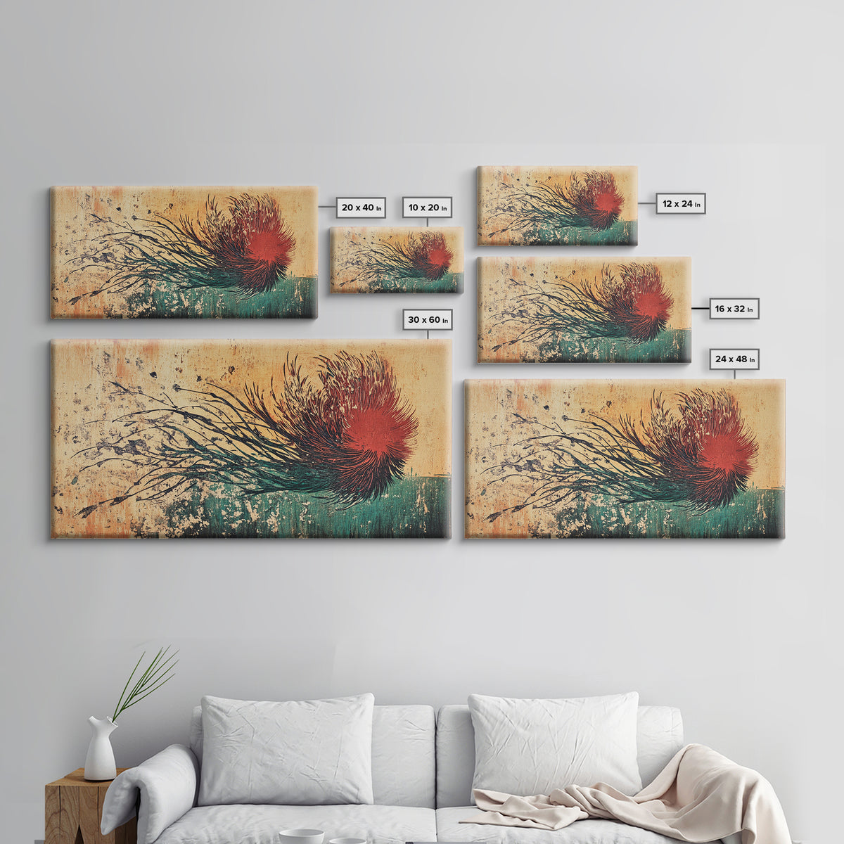 Red Windblown Botanical Flower Wall Art, Textured Japanese Canvas Print, Abstract Floral Living Room Decor, Home Decor Gift For Her