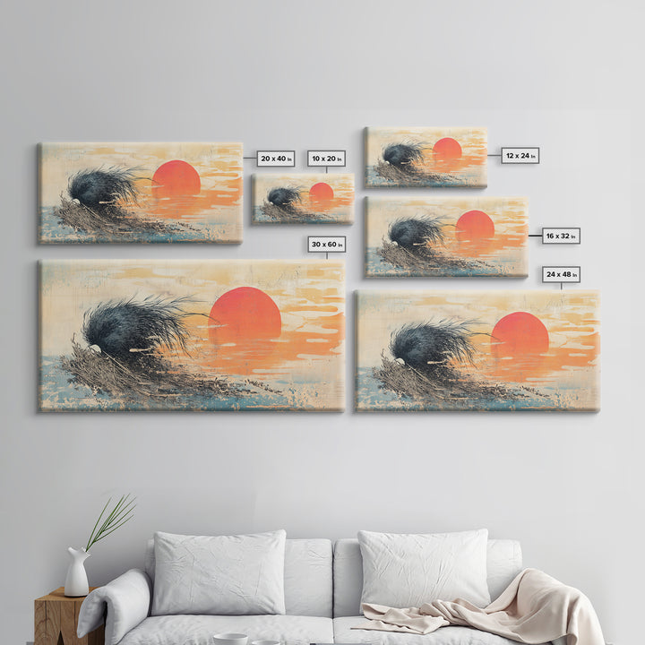 Black Abstract Wave And Red Sun Wall Art, Japanese Ocean Canvas Print, Minimalist Coastal Living Room Decor Gift For Him