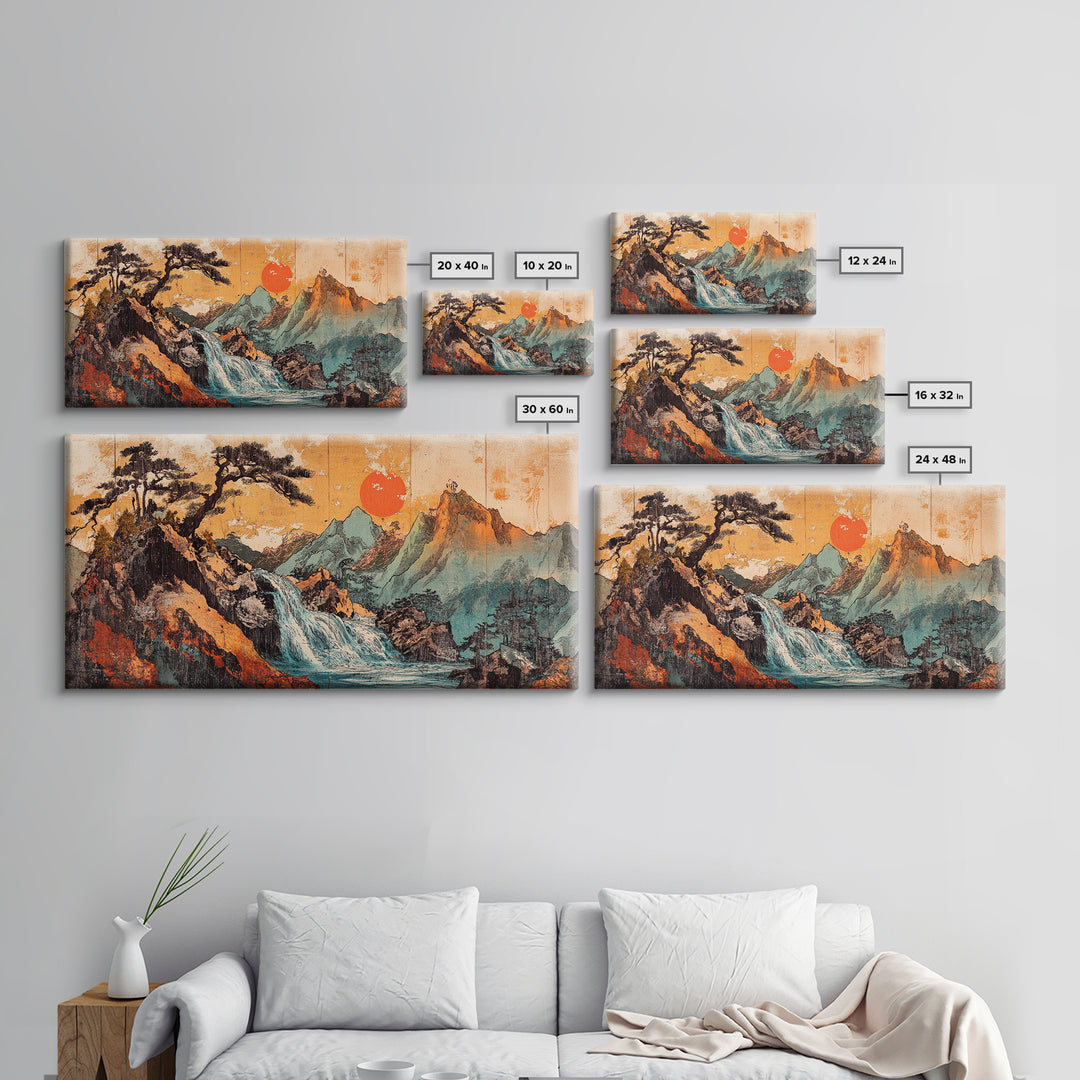 Mountain Waterfall With Red Sun Wall Art, Japanese Landscape Canvas Print, Rustic Nature Living Room Decor Housewarming Gift