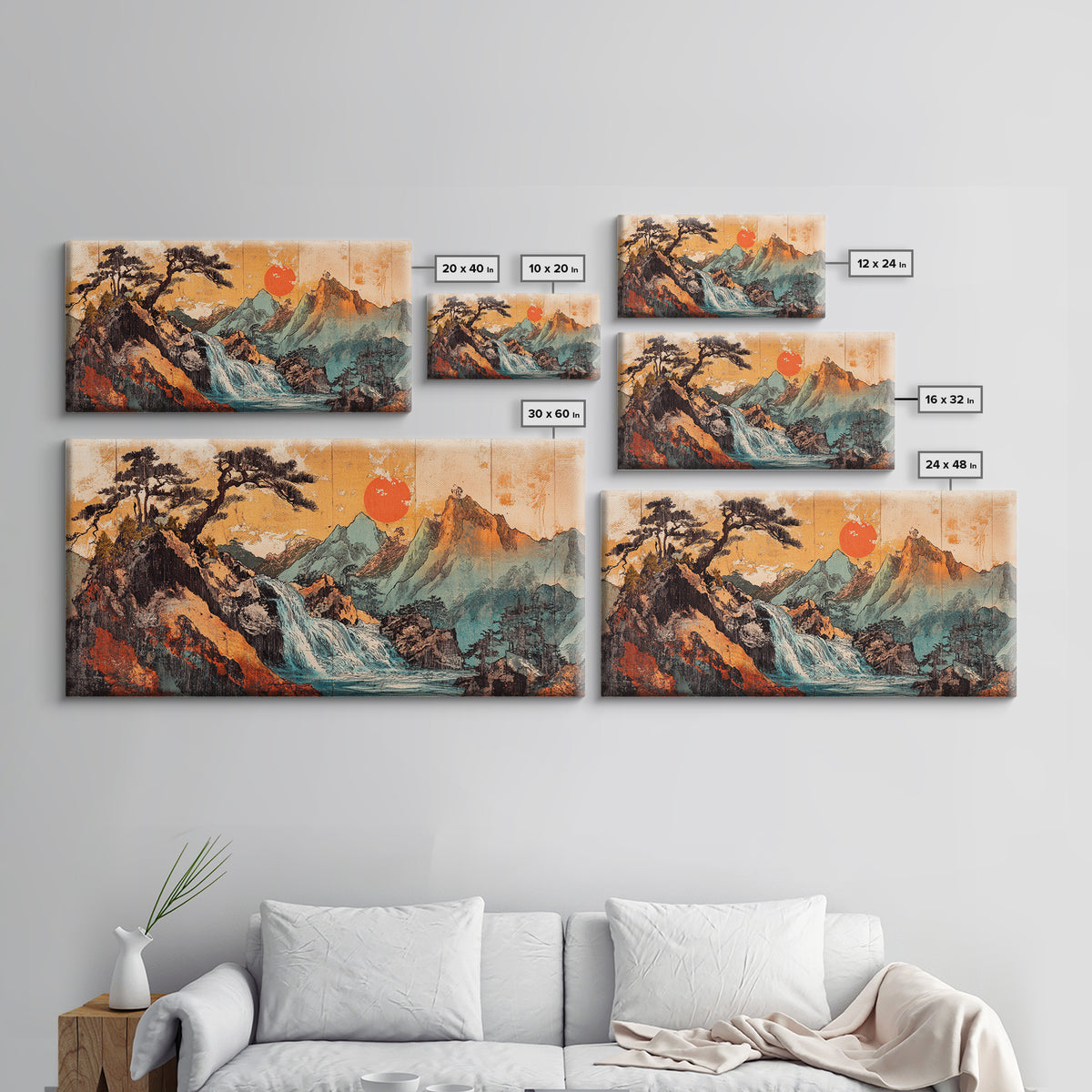 Mountain Waterfall With Red Sun Wall Art, Japanese Landscape Canvas Print, Rustic Nature Living Room Decor Housewarming Gift