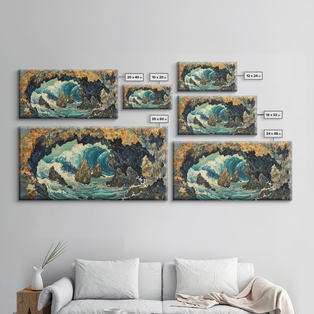 Crashing Ocean Wave Inside Rocky Cave Wall Art, Japanese Seascape Canvas Print, Coastal Nautical Living Room Decor Gift For Her