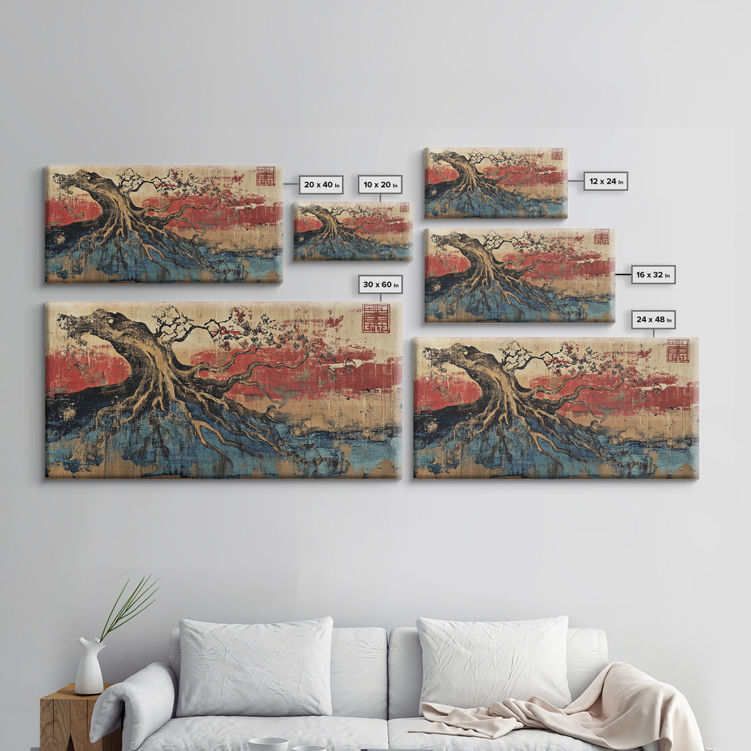 Ancient Tree Roots Over Blue Water Wall Art, Japanese Landscape Canvas Print, Zen Nature Decor And Rustic Home Decor Gift