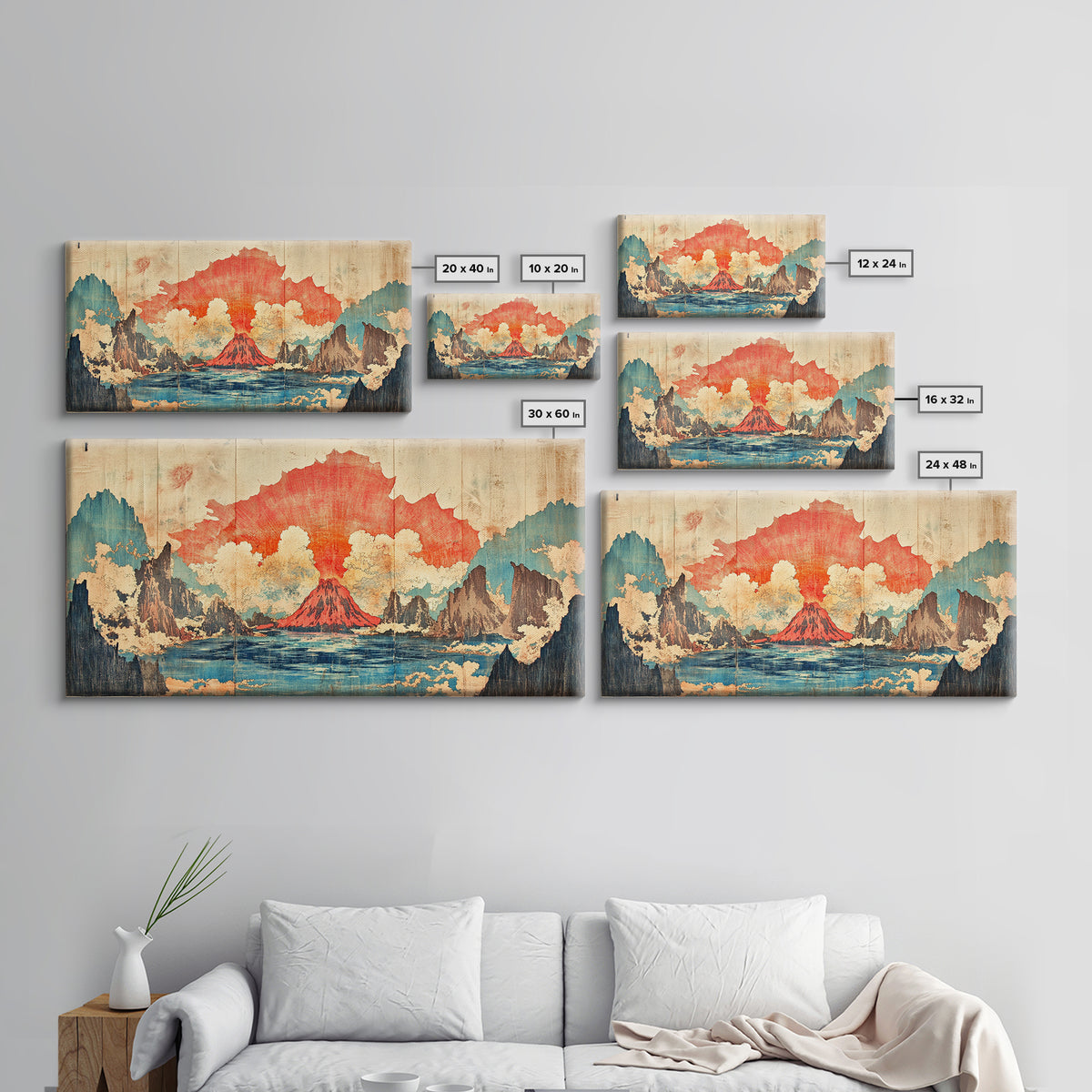 Erupting Red Volcano On Blue Mountain Lake Wall Art, Japanese Landscape Canvas Print, Dramatic Nature Living Room Decor Gift