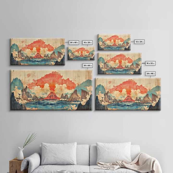Erupting Red Volcano On Blue Mountain Lake Wall Art, Japanese Landscape Canvas Print, Dramatic Nature Living Room Decor Gift