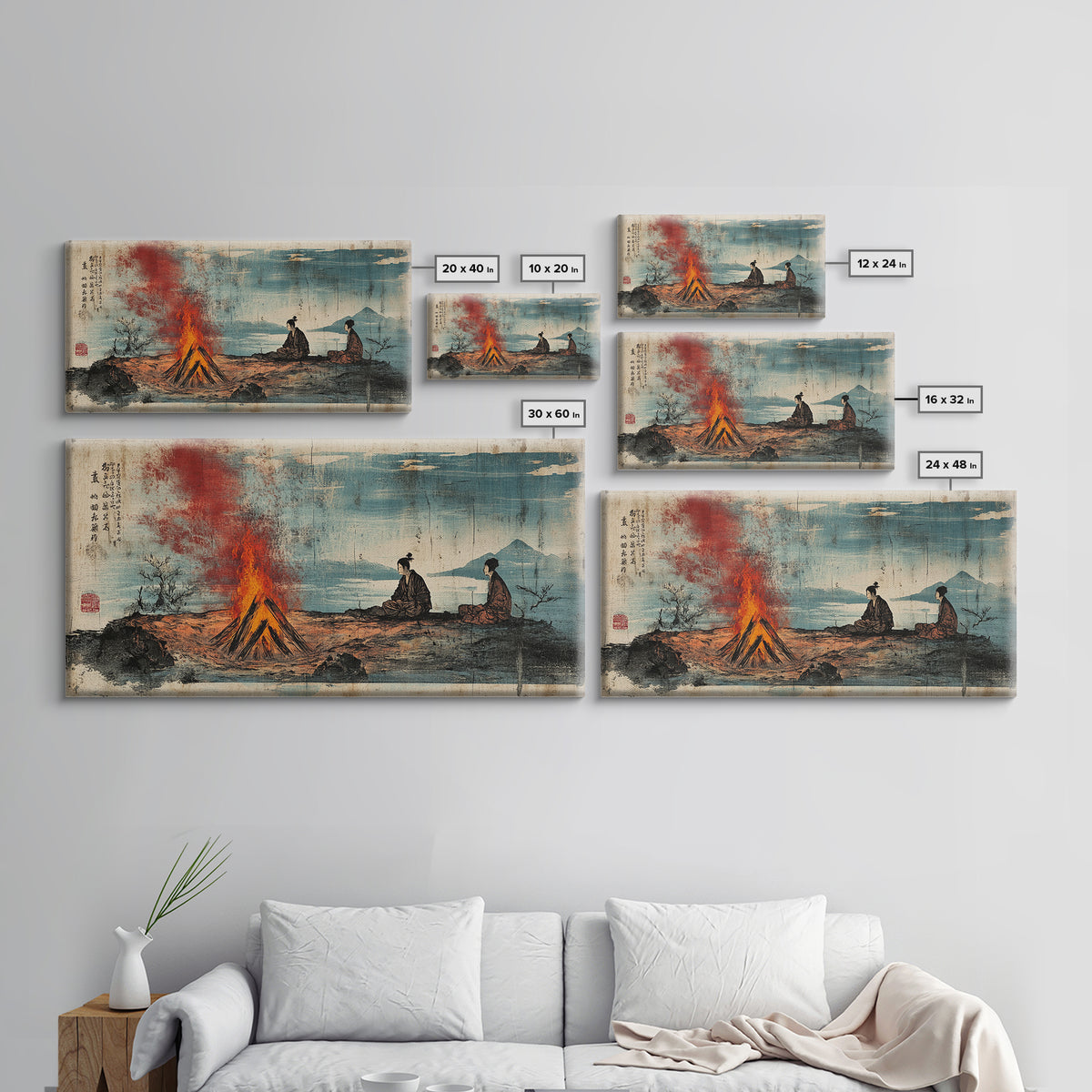 Samurai Figures By Campfire And Lake Wall Art, Japanese Landscape Canvas Print, Zen Rustic Home Decor, Travel Gift For Him