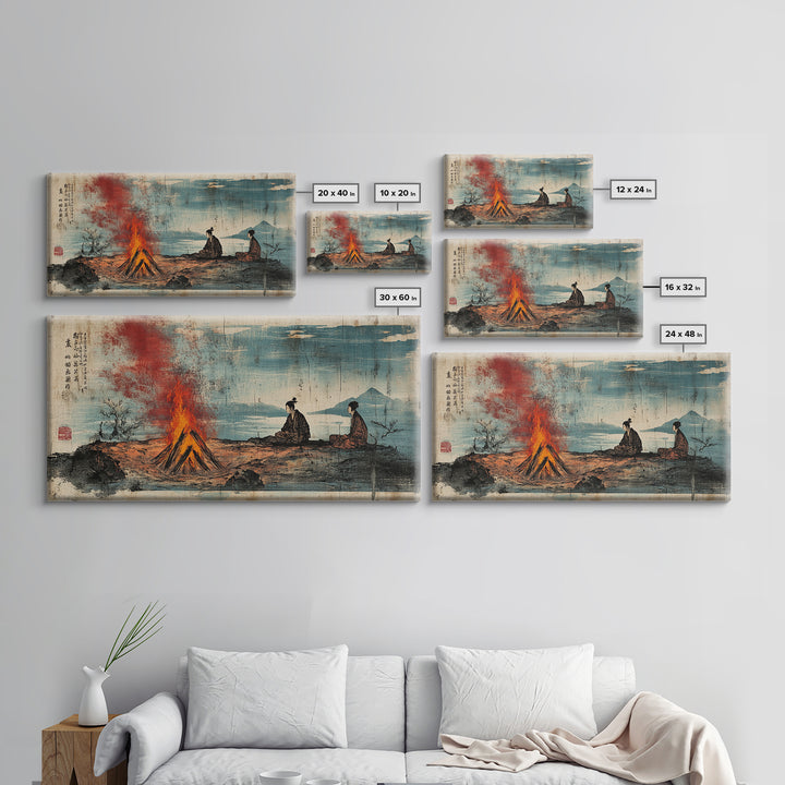 Samurai Figures By Campfire And Lake Wall Art, Japanese Landscape Canvas Print, Zen Rustic Home Decor, Travel Gift For Him