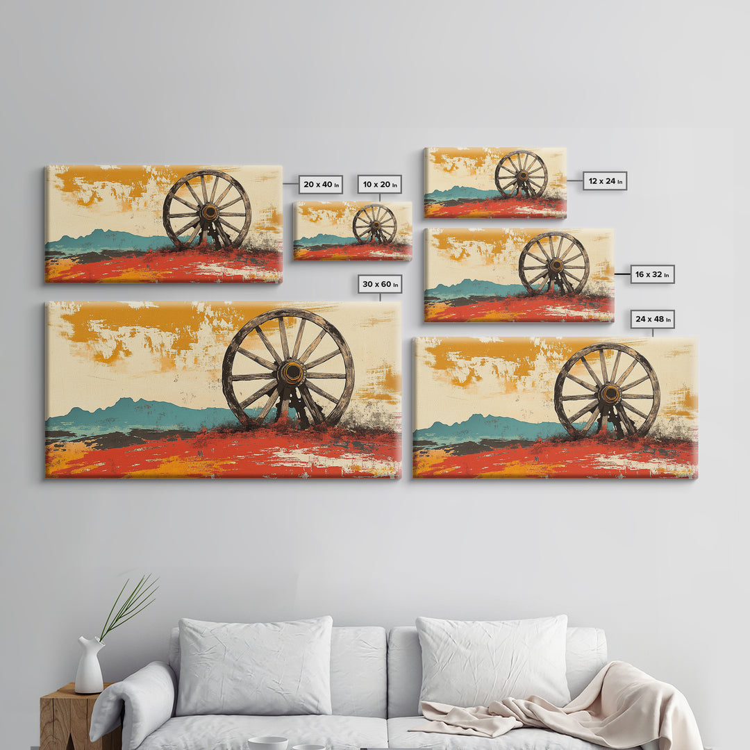 Rustic Wagon Wheel Desert Landscape Wall Art, Western Canvas Print, Southwestern Decor, Ranch House Living Room Art, Above Sofa Decor