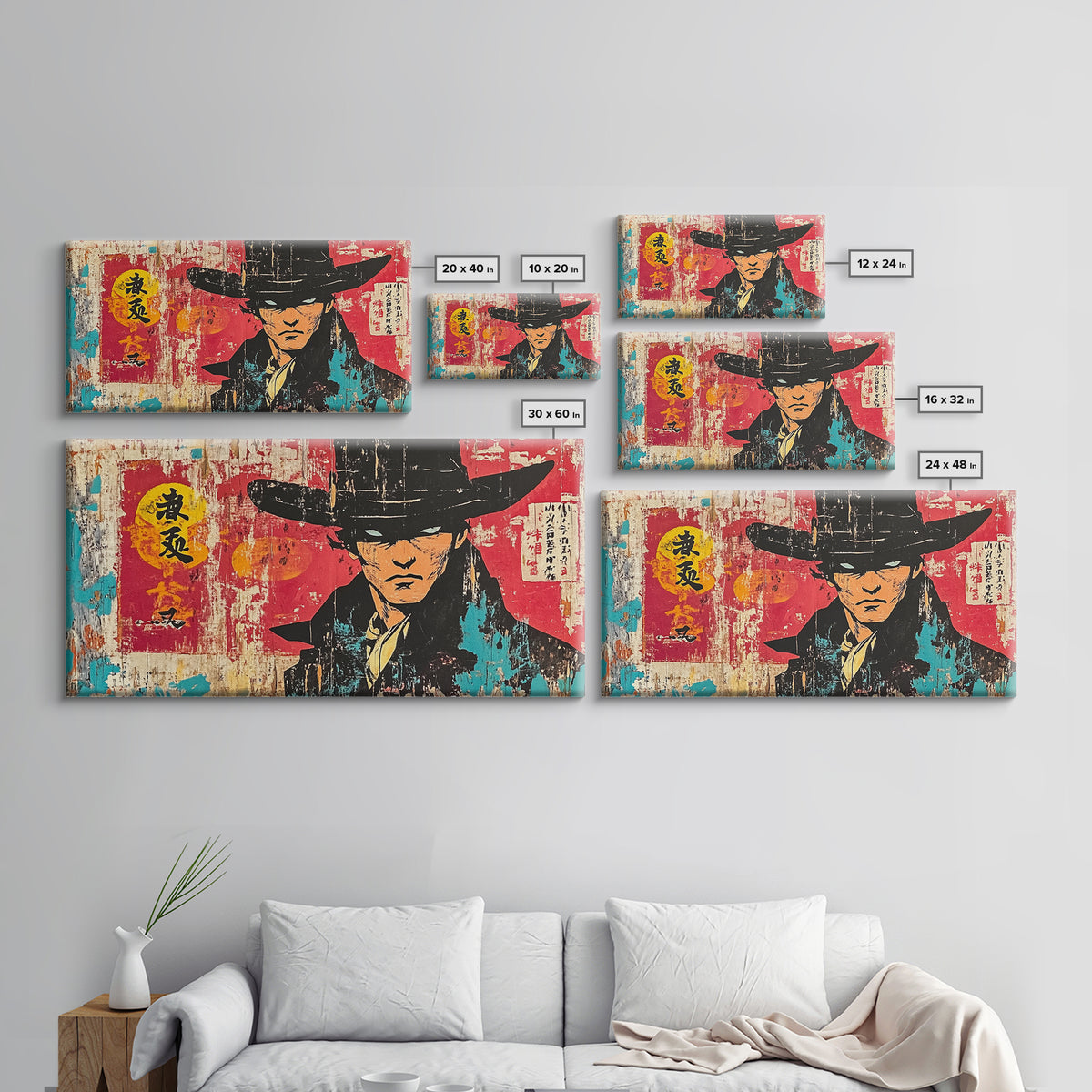 Stoic Asian Cowboy Portrait Wall Art, Samurai Western Canvas Print, Bold Red Black Decor, Masculine Office Art, Gift For Him