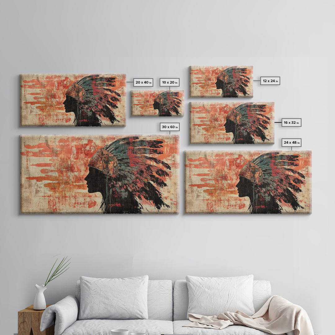 Indigenous Warrior Headdress Silhouette Wall Art, Tribal Canvas Print, Southwestern Decor, Rustic Western Living Room Art