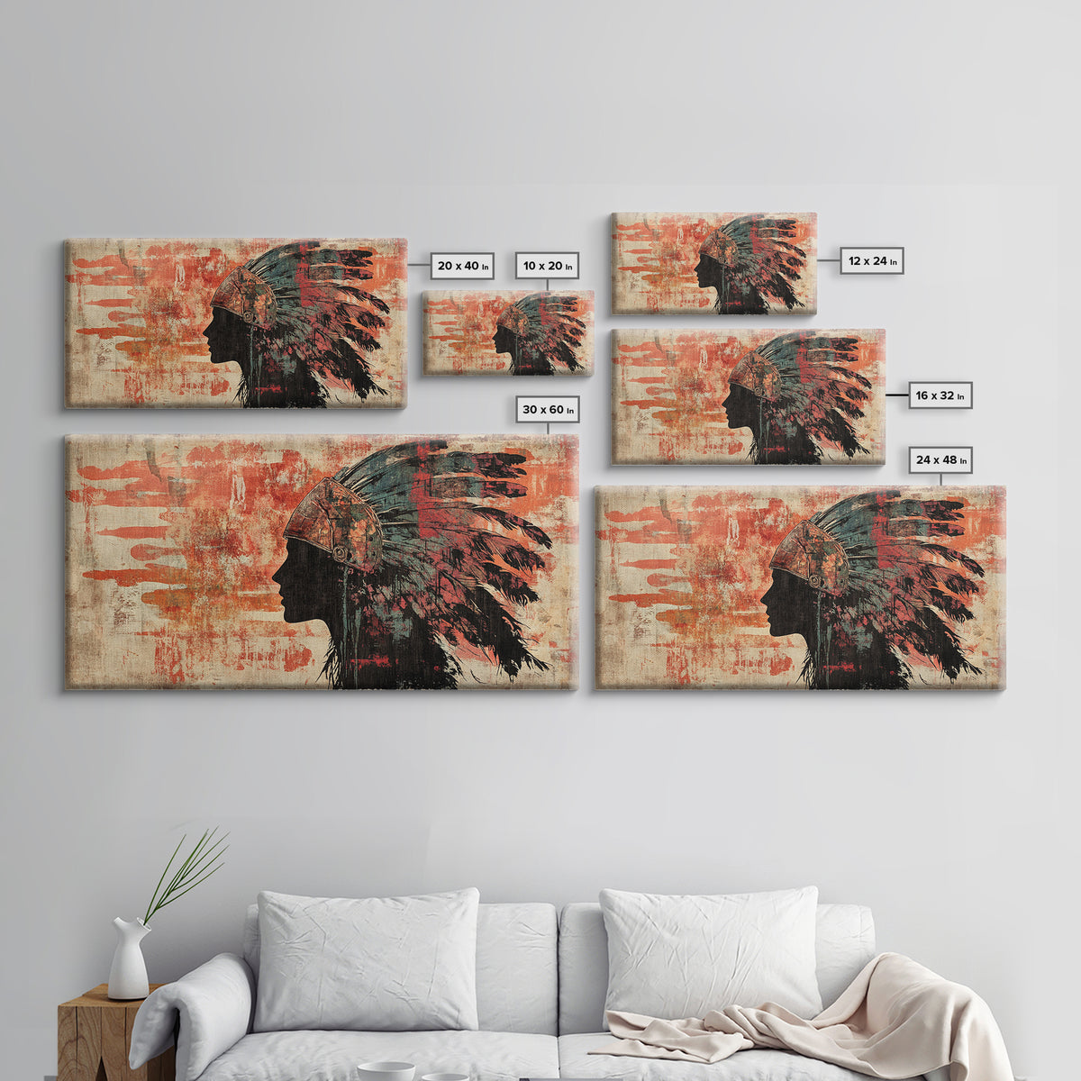 Indigenous Warrior Headdress Silhouette Wall Art, Tribal Canvas Print, Southwestern Decor, Rustic Western Living Room Art