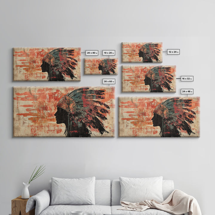 Indigenous Warrior Headdress Silhouette Wall Art, Tribal Canvas Print, Southwestern Decor, Rustic Western Living Room Art