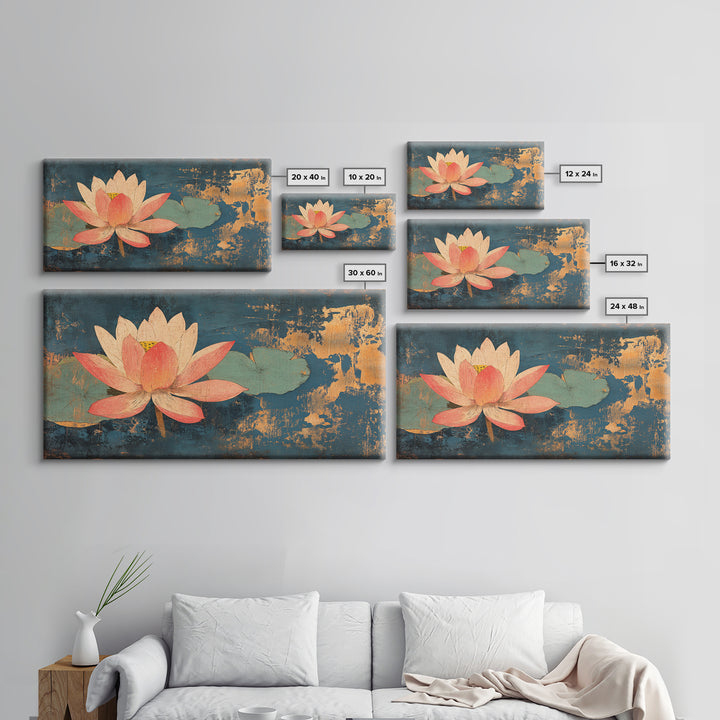 Pink Lotus Flower On Teal Water Wall Art, Zen Canvas Print, Botanical Asian Decor, Meditation Room Spa Wall Decor, Calming Art
