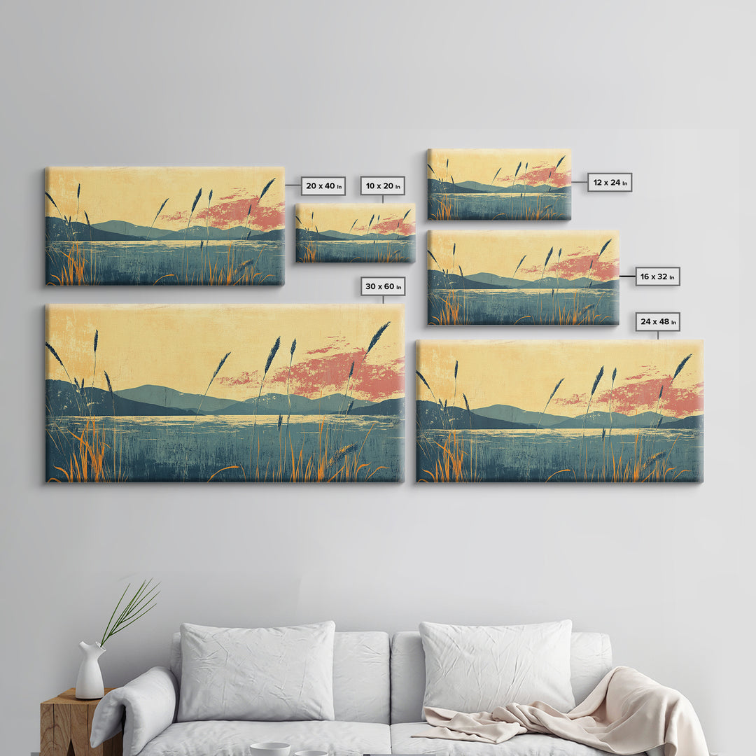 Reeds By Mountain Lake Sunset Wall Art, Serene Landscape Canvas Print, Nature Decor, Large Horizontal Living Room Art, Home Decor