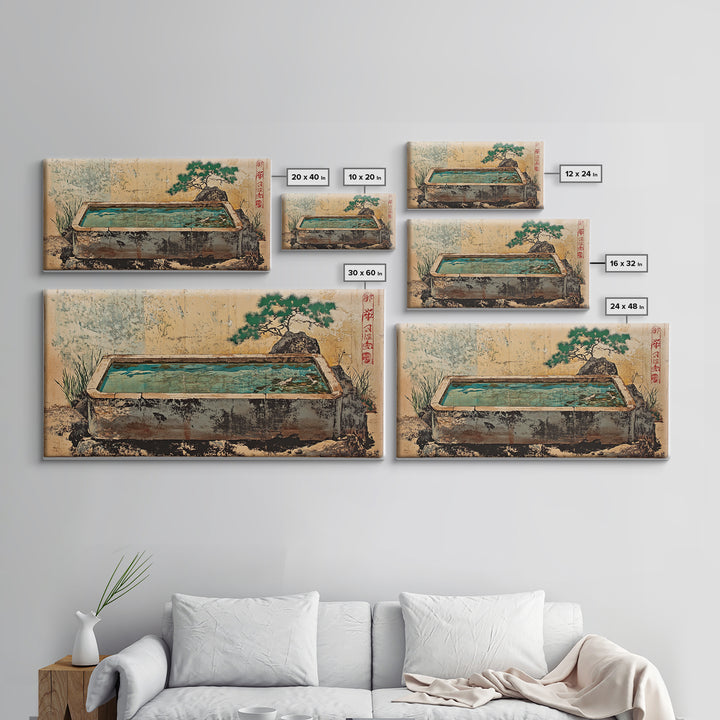 Japanese Stone Water Trough Garden Wall Art, Zen Framed Canvas Print, Bonsai Decor, Spa Meditation Room Wall Decor, Japandi Decor