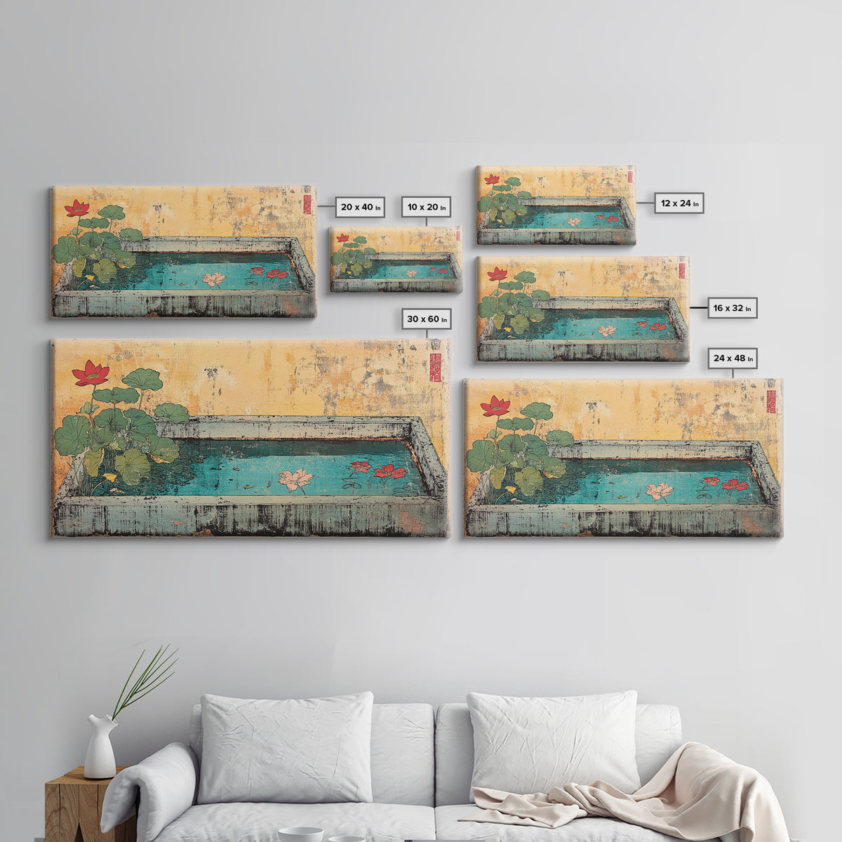 Lotus Koi Pond Garden Basin Wall Art, Japanese Canvas Print, Botanical Zen Decor, Spa Bathroom Living Room Wall Decor, Home Decor