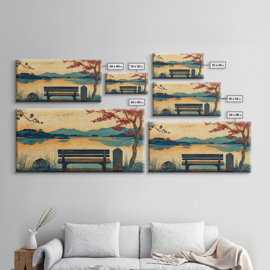 Autumn Lakeside Bench Mountain View Wall Art, Landscape Canvas Print, Rustic Cabin Decor, Serene Living Room Art, Home Decor