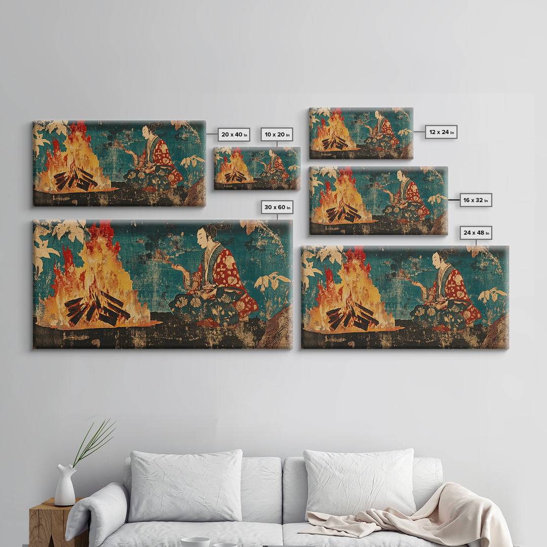 Japanese Woman Beside Bonfire Wall Art, Ukiyo E Style Canvas, Asian Inspired Decor, Japandi Living Room Wall Decor, Home Decor