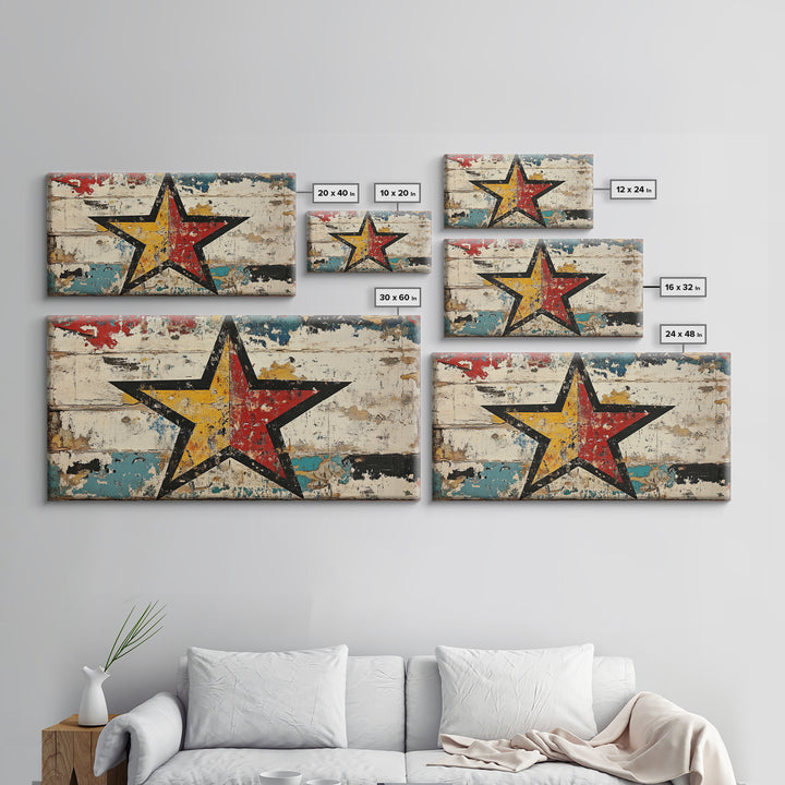 Distressed Red Yellow Star Wall Art, Rustic Americana Canvas Print, Farmhouse Wall Decor, Game Room Decor, Unique Gift For Him