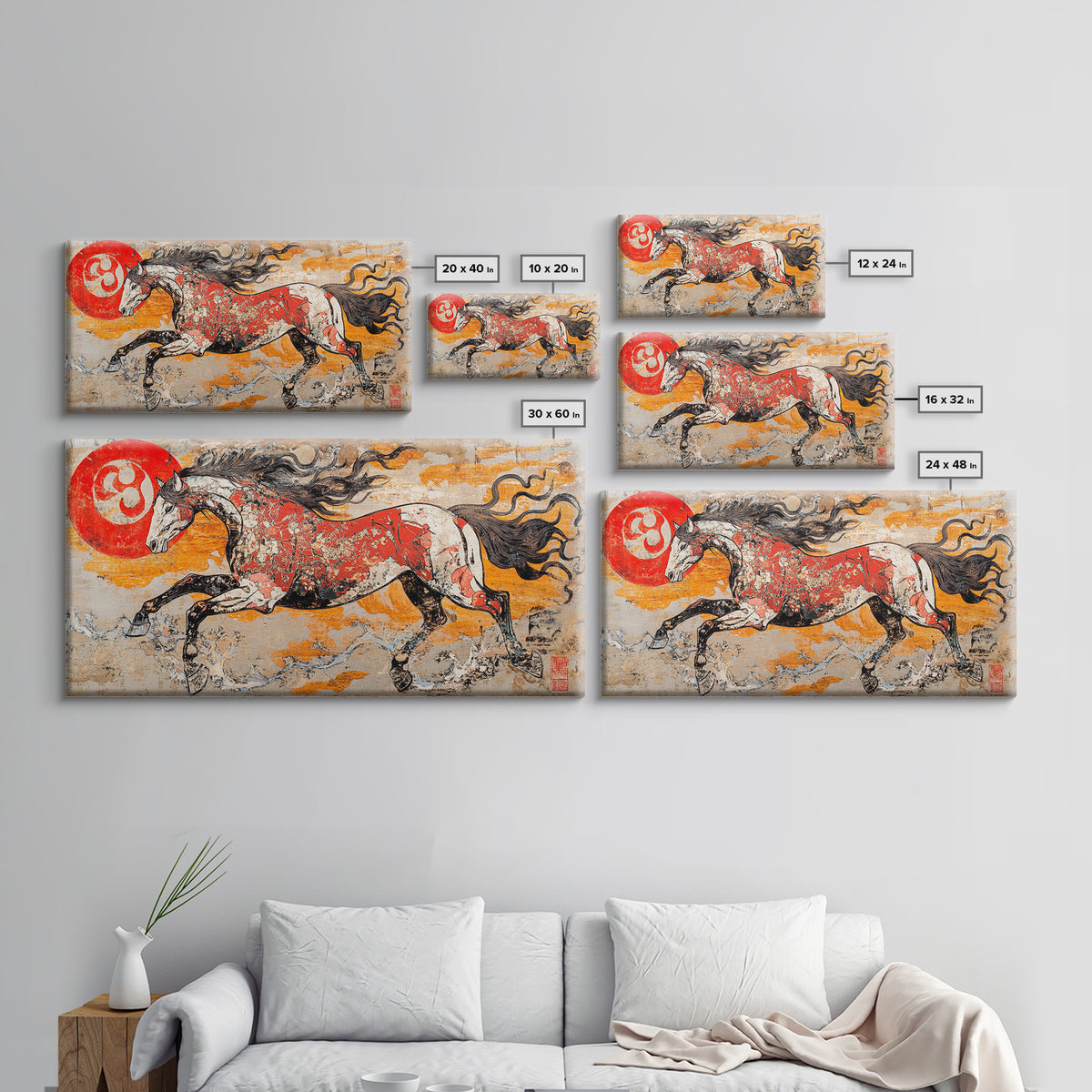Galloping Horse And Red Sun Wall Art, Japanese Style Canvas Print, Equestrian Decor, Western Living Room Art, Home Decor Gift
