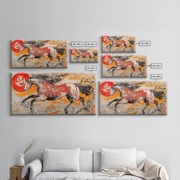 Galloping Horse And Red Sun Wall Art, Japanese Style Canvas Print, Equestrian Decor, Western Living Room Art, Home Decor Gift