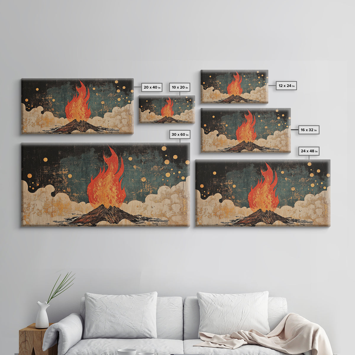 Blazing Campfire Under Moonlit Sky Wall Art, Dark Folk Art Print, Celestial Boho Decor, Rustic Cabin Lodge Home Decor Framed Canvas