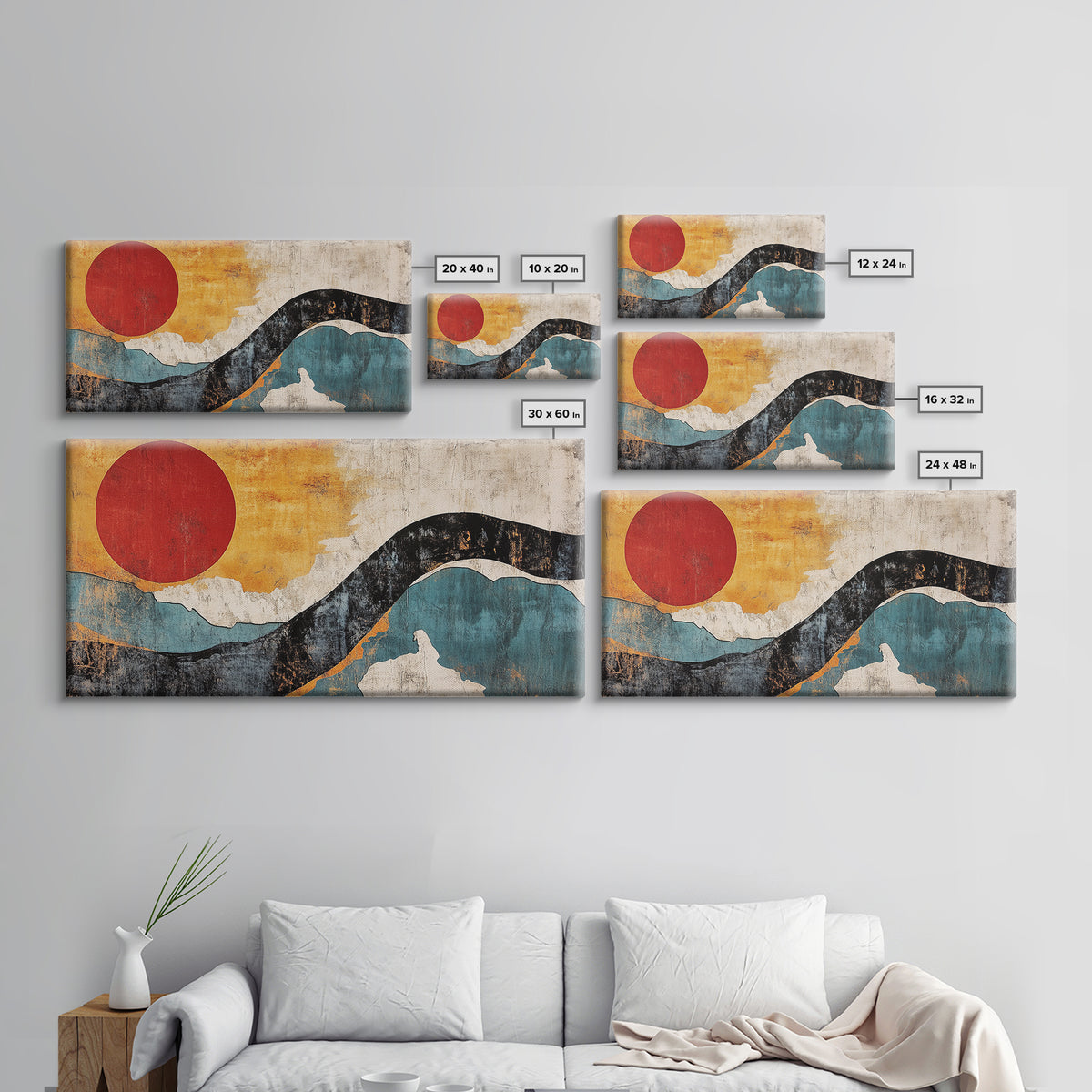 Red Sun And Blue Wave Abstract Wall Art, Mid Century Modern Print, Japandi Home Decor, Minimalist Large Framed Canvas Print