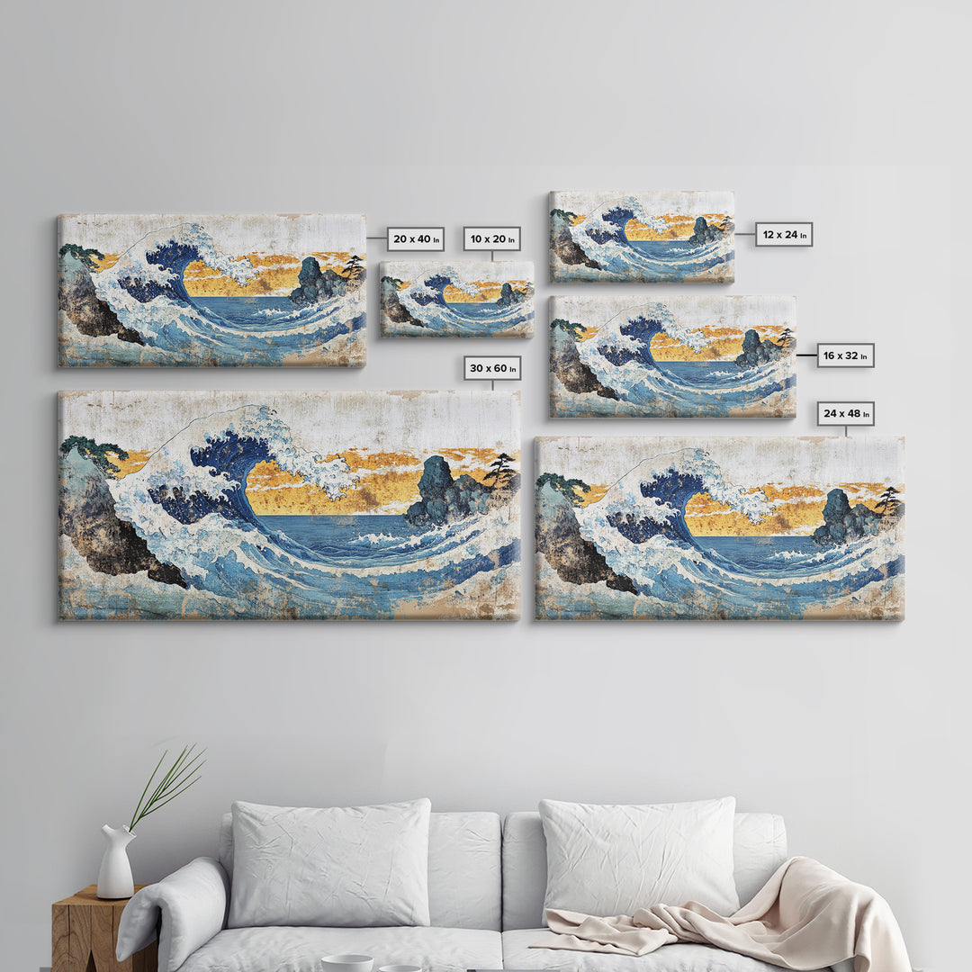 Crashing Ocean Wave Between Rocks Wall Art, Japanese Seascape Print, Coastal Decor, Nautical Living Room Framed Canvas Print