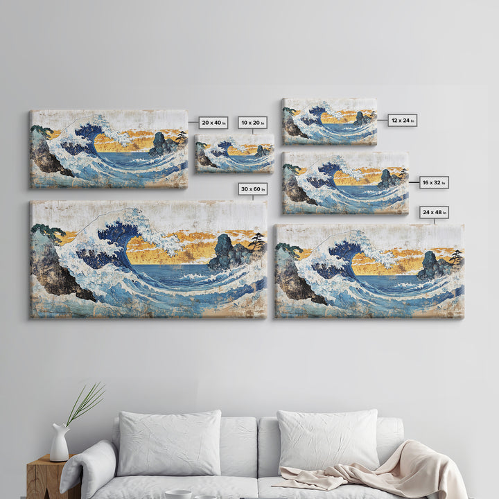 Crashing Ocean Wave Between Rocks Wall Art, Japanese Seascape Print, Coastal Decor, Nautical Living Room Framed Canvas Print