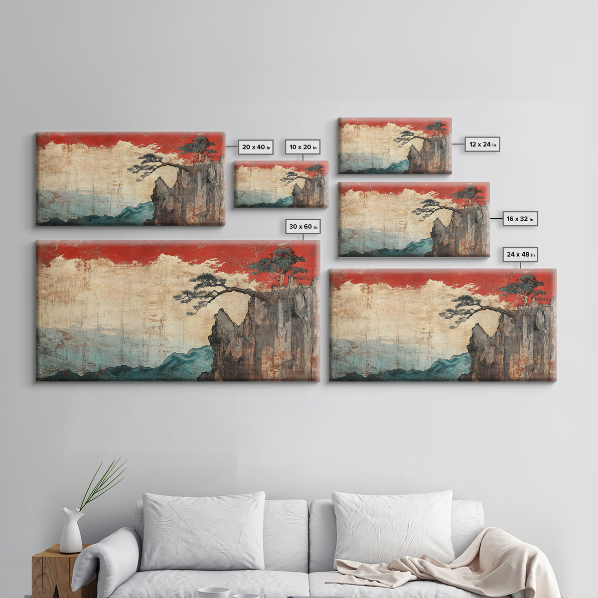 Red Sky Cliff And Pine Mountain Wall Art, Japanese Landscape Print, Moody Nature Decor, Large Japandi Living Room Framed Canvas