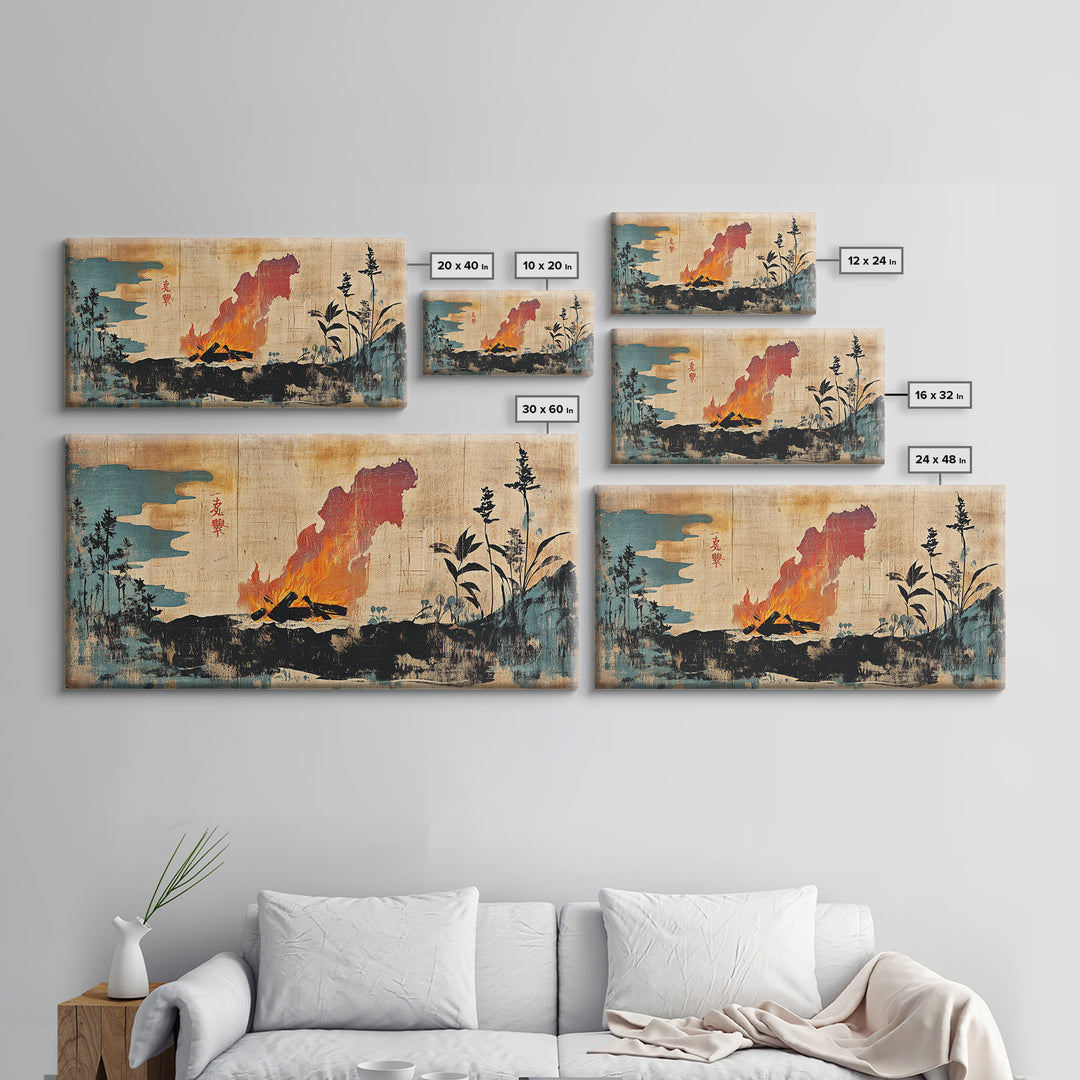 Erupting Volcano With Dark Forest Silhouette Wall Art, Japanese Landscape Canvas Print For Moody Office Decor And Home Decor