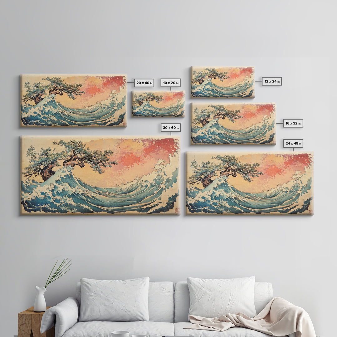 Great Wave With Wind Swept Pine Tree Wall Art, Japanese Ocean Canvas Print For Coastal Decor And Modern Living Room Wall Decor