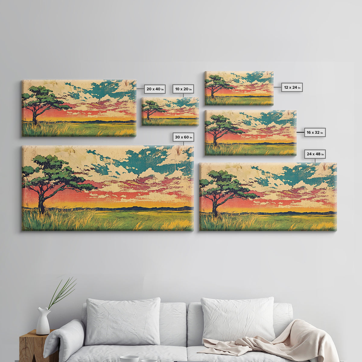 Acacia Tree At Sunset Over Golden Grassland Wall Art, African Landscape Canvas Print For Boho Decor And Warm Home Decor Art