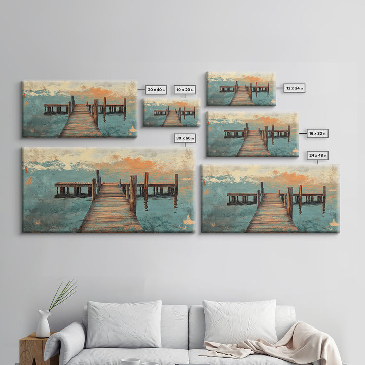 Weathered Wooden Dock Over Calm Water Wall Art, Coastal Canvas Print For Lake House Decor And Nautical Living Room Decor