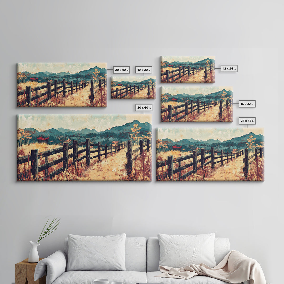 Mountain Fence Path Through Autumn Fields Wall Art, Rustic Landscape Canvas Print For Farmhouse Decor And Entryway Decor