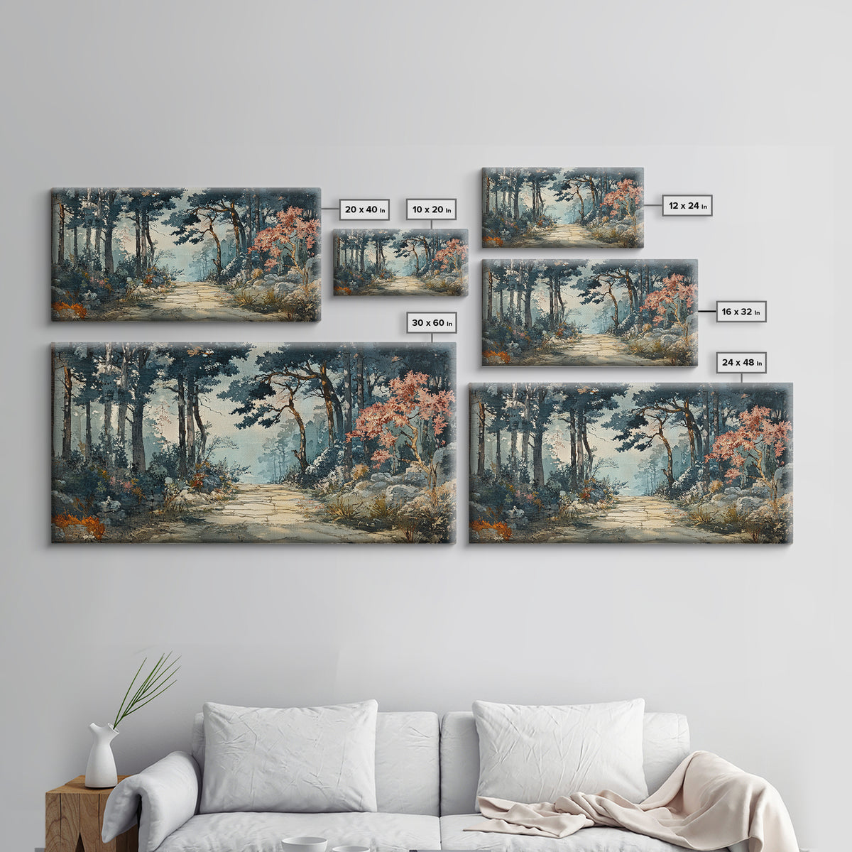 Misty Forest Path With Pink Blossoms Wall Art, Moody Woodland Canvas Print For Nature Decor And Serene Living Room Decor