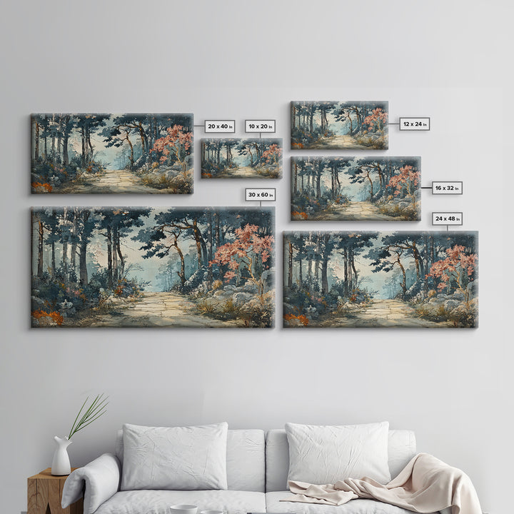 Misty Forest Path With Pink Blossoms Wall Art, Moody Woodland Canvas Print For Nature Decor And Serene Living Room Decor