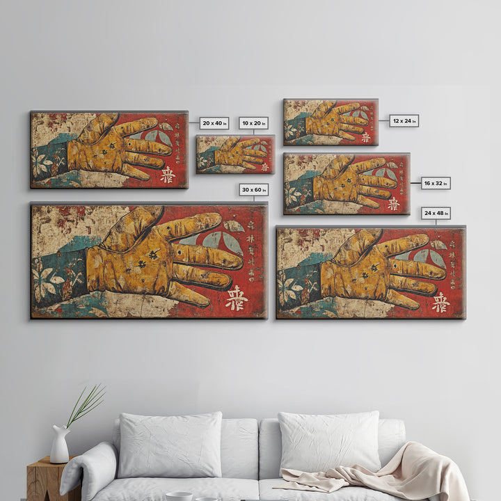 Antique Illustrated Gloved Hand On Red Teal Ground Wall Art, Surreal Canvas Print For Eclectic Decor And Statement Wall Decor