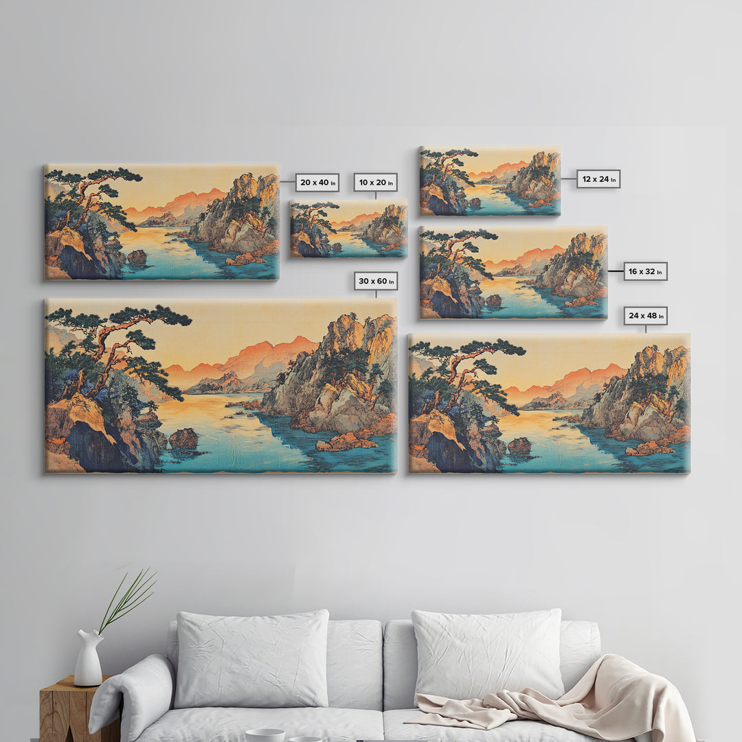 Serene Asian River Valley With Pine And Cliffs Framed Canvas Print, Japanese Landscape Art, Coastal Wall Decor, Zen Home Decor