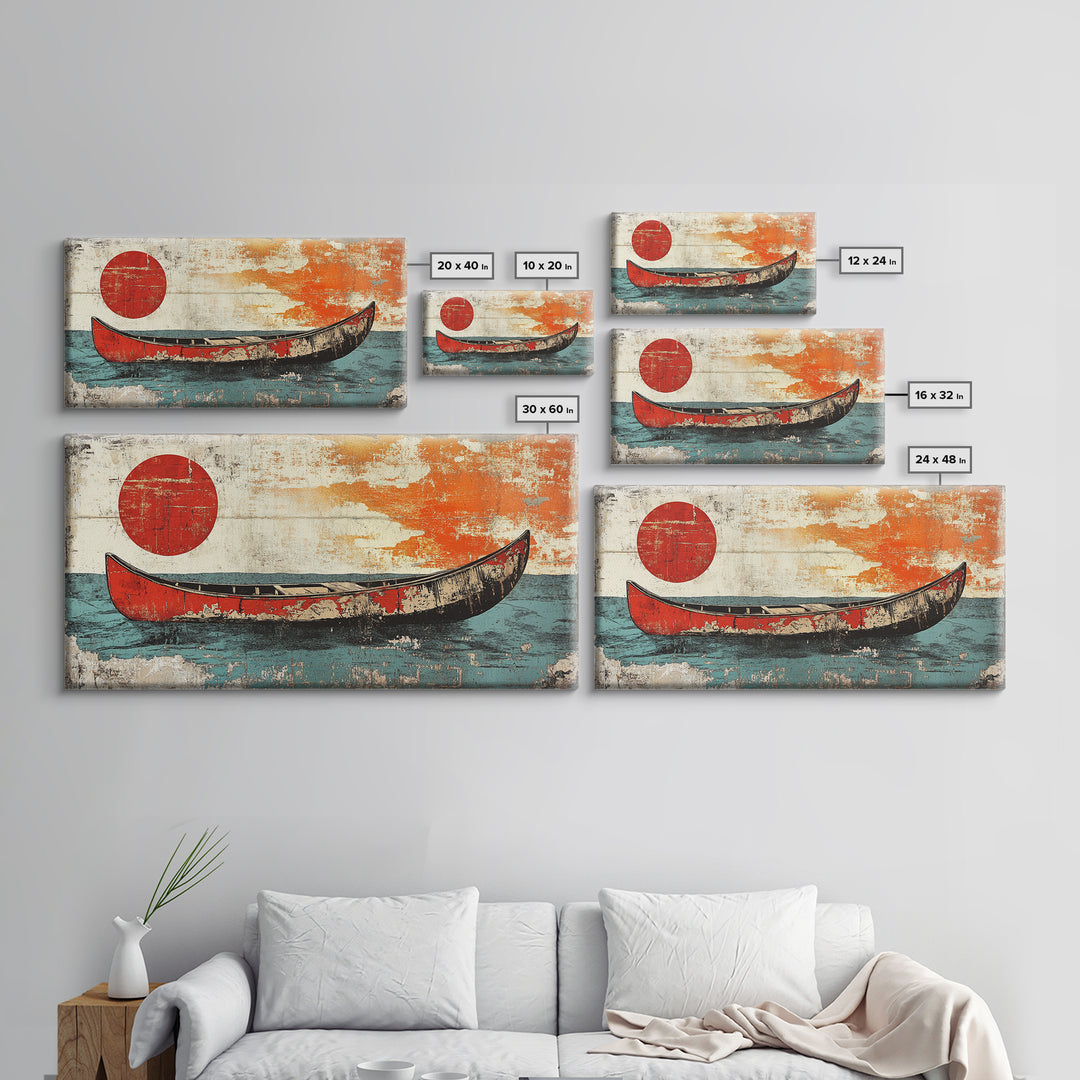 Weathered Red Canoe Beneath Rising Sun Canvas Print, Nautical Wall Art, Minimalist Ocean Art, Coastal Lake House Decor, Gift For Him