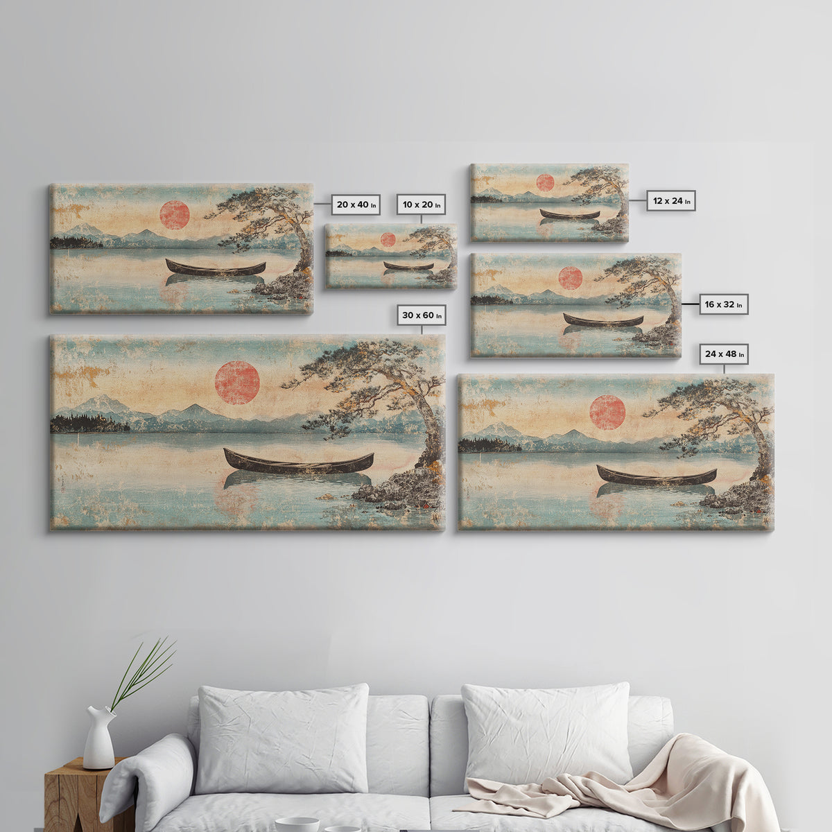 Quiet Canoe On Misty Mountain Lake Wall Art, Japanese Landscape Print, Serene Nature Home Decor, Above Bed Horizontal Art