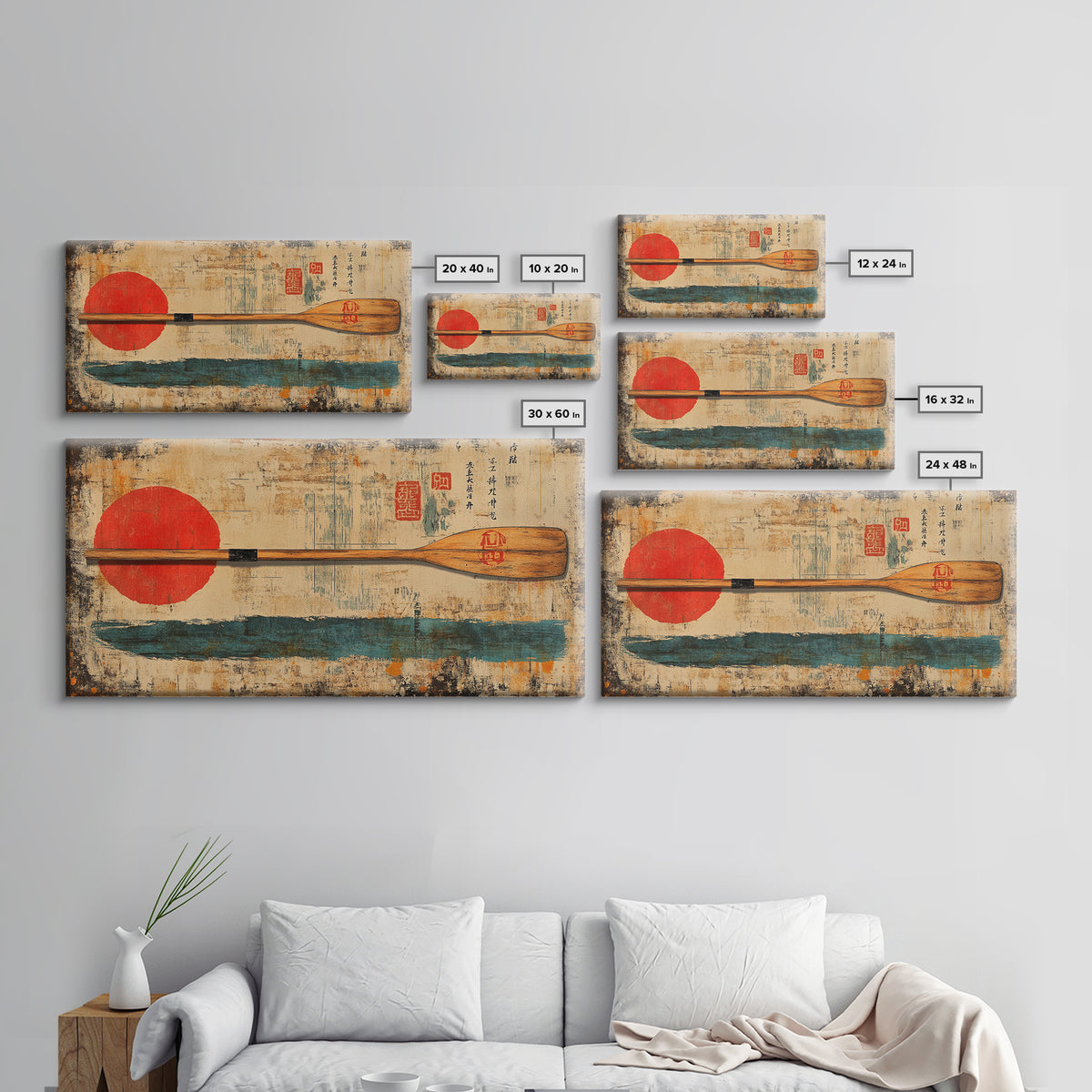 Wooden Canoe Paddle With Red Sun Canvas Print, Japanese Wall Art, Rustic Nautical Decor, Lake House Gift, Long Horizontal Art