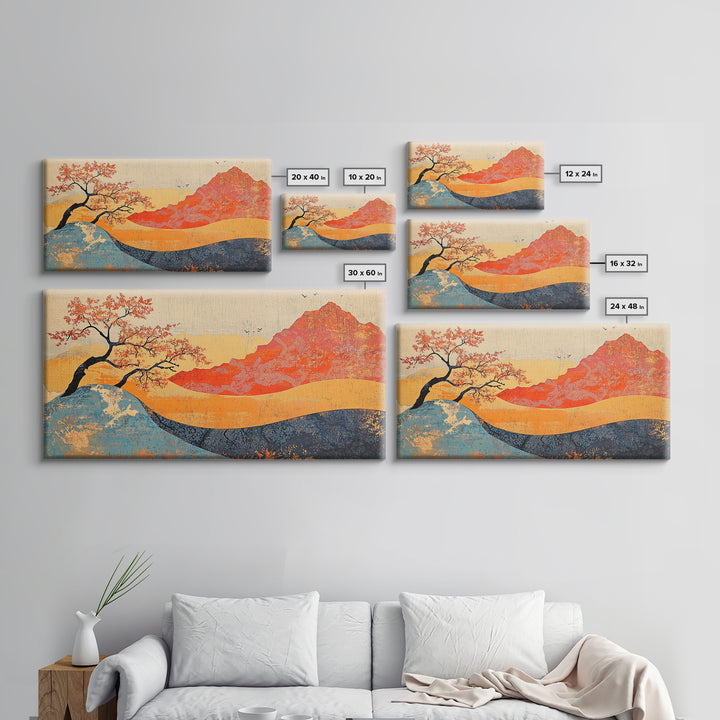 Red Mountain And Blossoming Tree Wall Art, Japanese Landscape Canvas Decor, Abstract Nature Print For Bedroom Or Office Decor