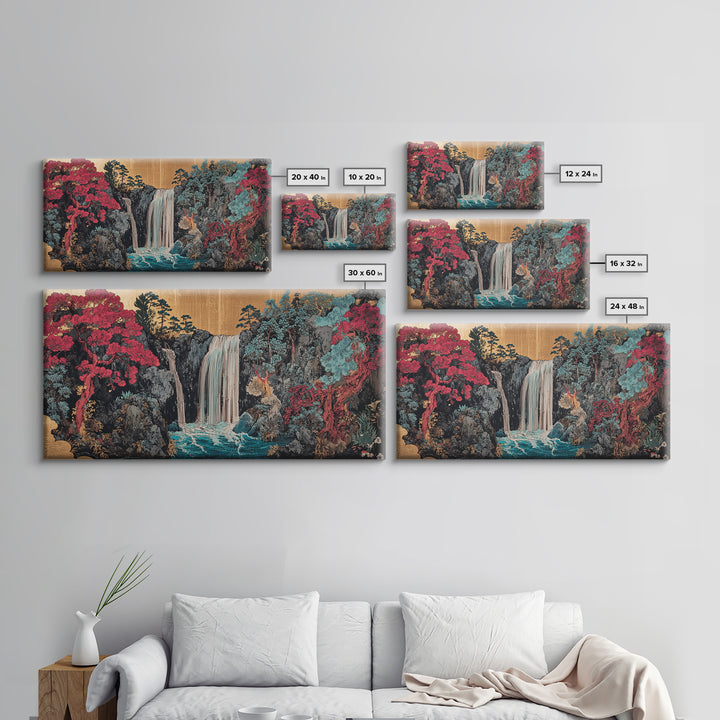 Lush Waterfall With Pink Forest Wall Art, Japanese Garden Canvas Decor, Moody Botanical Landscape Print For Living Room Decor
