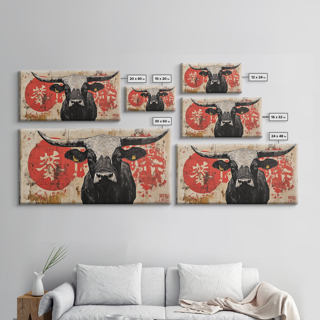 Black Longhorn Bull With Red Sun Framed Canvas Print, Rustic Western Wall Decor, Asian Inspired Farmhouse Art Gift For Living Room