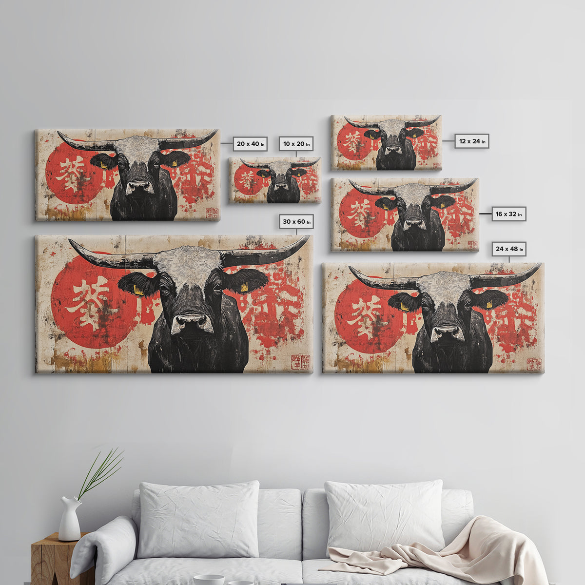 Black Longhorn Bull With Red Sun Framed Canvas Print, Rustic Western Wall Decor, Asian Inspired Farmhouse Art Gift For Living Room