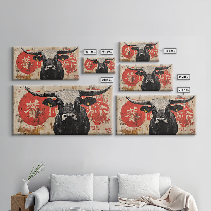 Black Longhorn Bull With Red Sun Framed Canvas Print, Rustic Western Wall Decor, Asian Inspired Farmhouse Art Gift For Living Room
