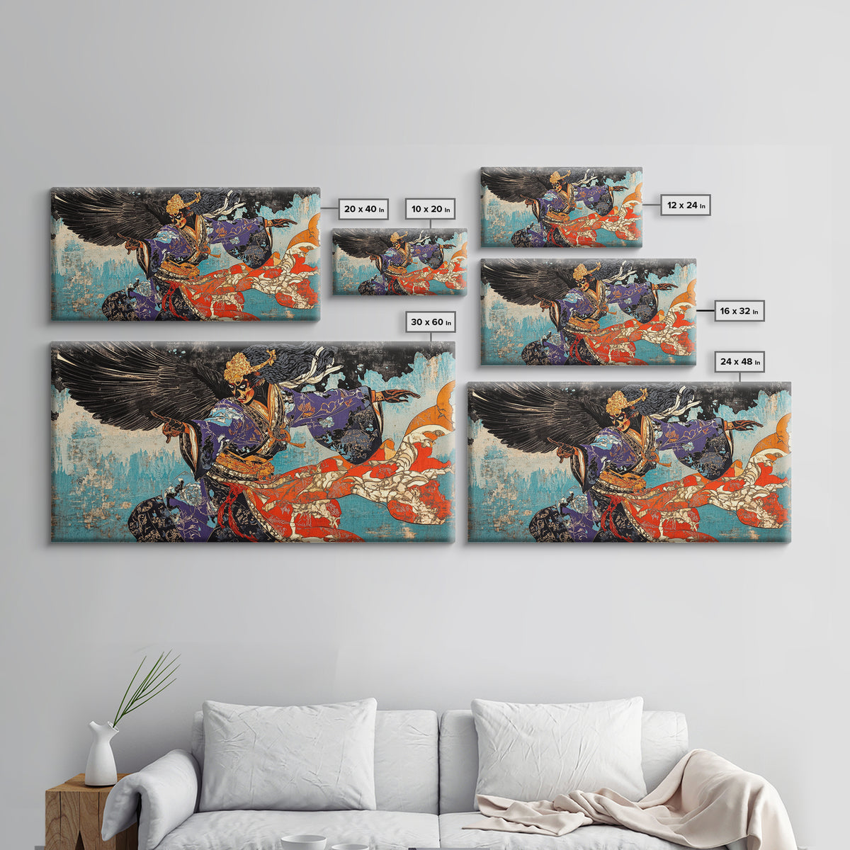 Winged Samurai Warrior In Blue Kimono Wall Art, Japanese Mythological Canvas Decor, Dramatic Fantasy Art Print For Office