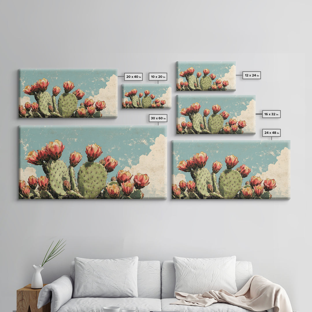 Blooming Prickly Pear Cactus Wall Art, Desert Botanical Canvas Decor, Southwestern Floral Print For Bedroom Or Living Room